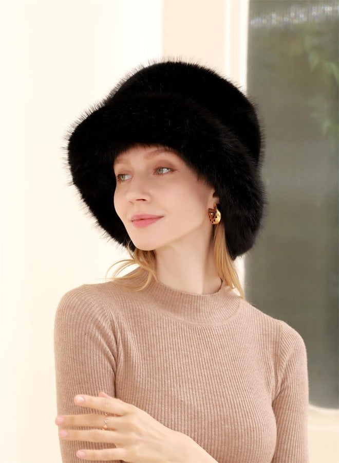 LDFWAY Winter Fluffy Faux Fur Plush Bucket Hat for Women Fuzzy Warm Fisherman Cap Outdoor Thick Winter Hat for Ladies (Black) - Image 3